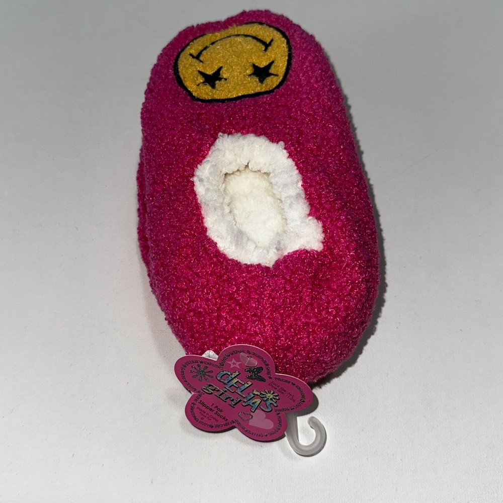 Delia's Girl Slipper Socks Kids M/L Shoe 11-2 1/2 Pink NEW Smiley Face Non-Slip‎